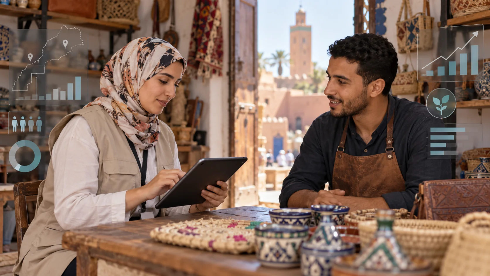 Enquêtrice et commerçant échangeant autour d’une tablette dans un souk marocain