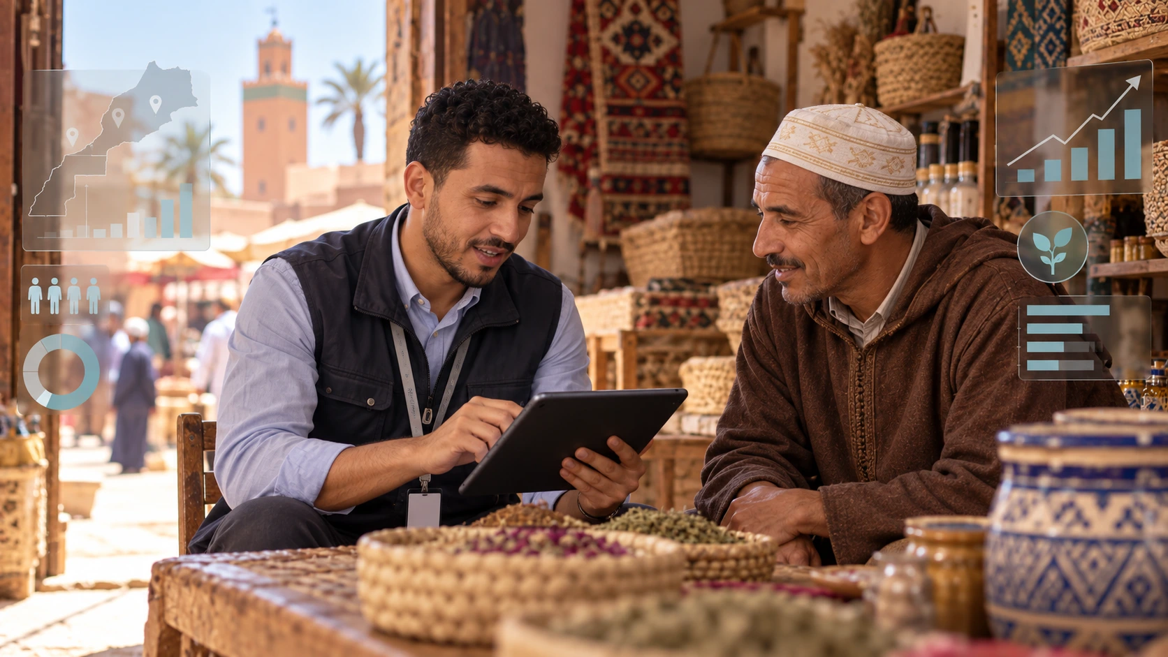 Enquêteur KD réalisant une enquête socio-économique sur tablette auprès d’un commerçant au Maroc