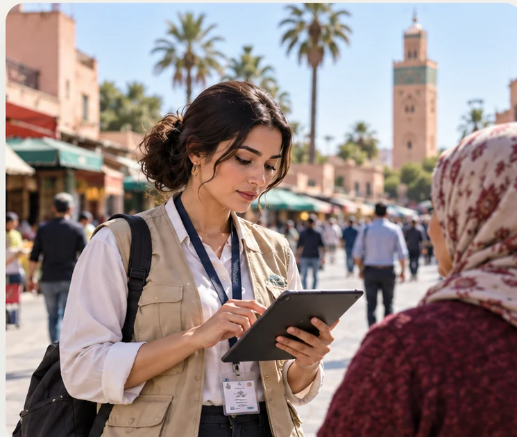 Enquêtrice recueillant sur tablette les réponses d’une femme au Maroc